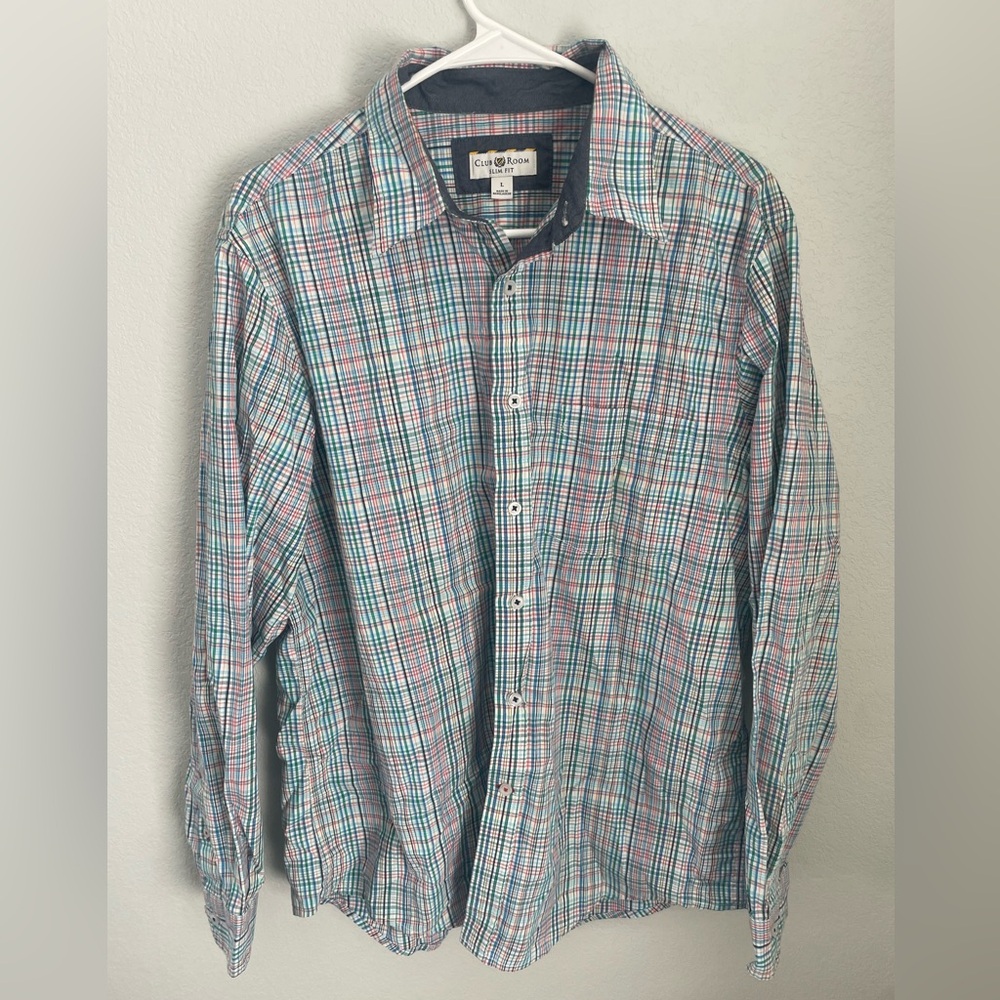 Club Room Blue Green Pink Slim Fit Plaid Button Down Shirt Size Large
